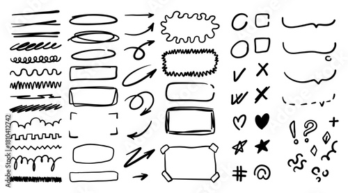 Scribble doodle underline and emphasis shapes. Hand-drawn brush stroke lines, highlights, arrows, speech bubbles, clouds, and sparkle elements in a playful childish sketch style.