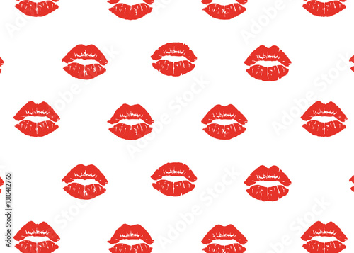 Seamless pattern of lipstick kiss prints. Repeated red and pink lip marks creating a romantic, feminine background. Ideal for fashion, beauty packaging, textiles, and Valentine designs