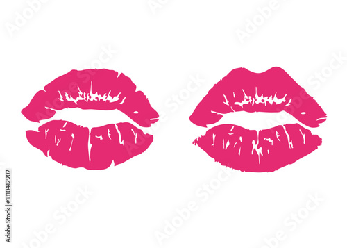 Vector set of lipstick kiss prints in red and pink. Various shapes of female lips, kiss marks, and makeup impressions. Ideal for beauty designs, cosmetics branding, romance themes, and patterns.