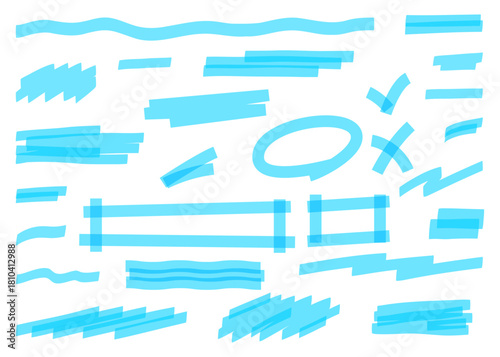 Set of blue highlight marker lines, frames, check marks and cross signs. Hand-drawn pen or brush underlines and text accents for emphasis, notes, corrections, and important content marking.