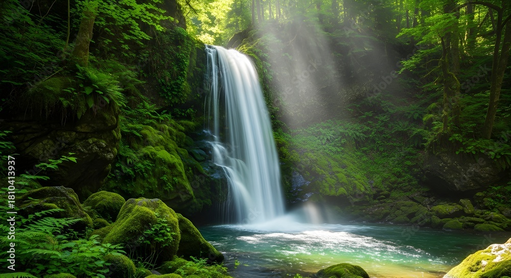 Fototapeta premium A beautiful waterfall amidst lush green forest. The water flows gently into a clear blue-green pool, surrounded by mossy rocks and tall trees.