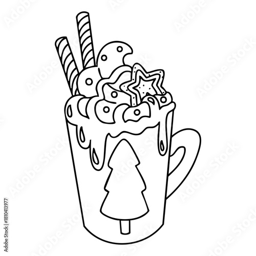 Christmas freakshake with cookies and whipped cream in outline style. Hand drawn vector isolated illustration. 