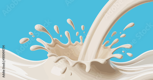 A vibrant scene featuring a stream of milk pouring into a bowl, creating a splash effect against a bright turquoise backdrop, symbolizing freshness and vitality.