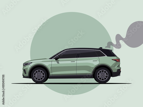 This image depicts a sleek SUV emitting smoke, set against a light green backdrop, emphasizing the contrast of modern design and environmental concerns.