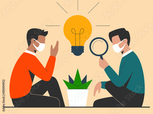 Two individuals engage in a thoughtful discussion with a light bulb representing innovation, symbolizing brainstorming and teamwork in problem-solving and idea generation.