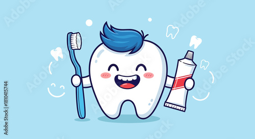 Cartoon Tooth Character Vector SVG Illustration with Toothbrush and Toothpaste in Flat Design Style