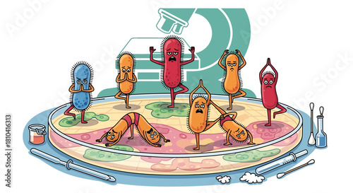 Illustration Vector SVG featuring Bacteria Performing Yoga with Microscope in Detailed Style