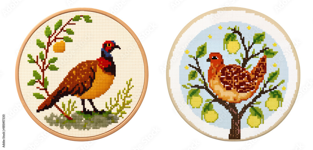 Naklejka premium Two cross-stitched partridges on a pear tree in wooden frames, isolated