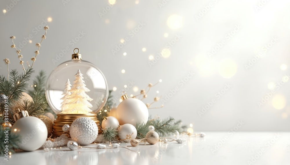Obraz premium Elegant winter holiday scene features a glass snow globe with mini xmas trees inside surrounded by white and gold baubles and pine sprigs on a soft bright background.