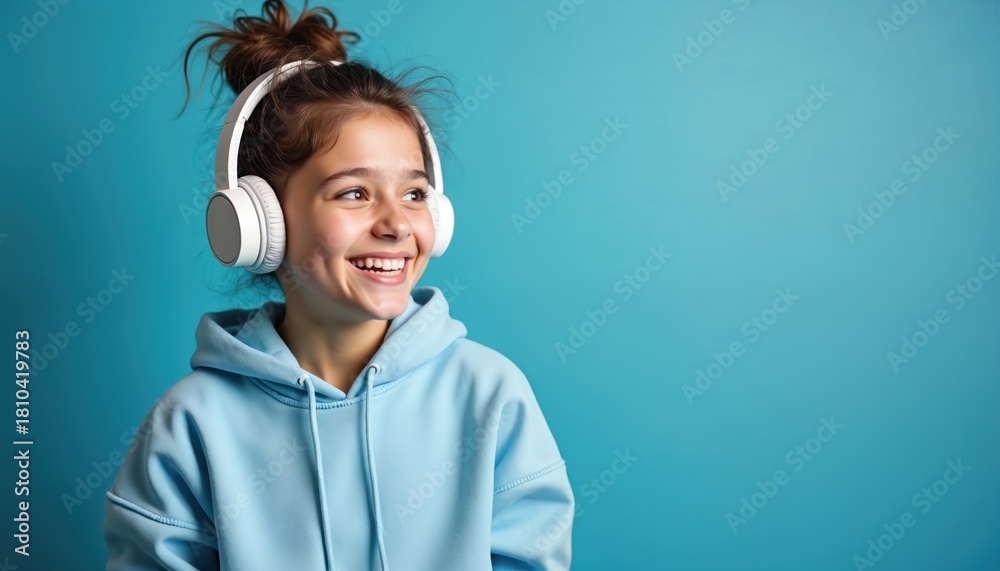 Fototapeta premium Smiling teen girl wears headphones. Young female with earphones listens music on blue background. Happy woman in hoodie enjoys audio. Joyful student listens playlist or song.