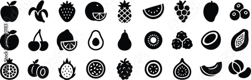 Collection of black and white fruit icons for design and illustration