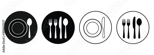 Set of four plate and cutlery icons in black and white