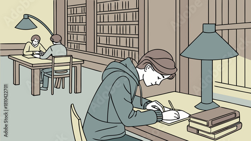 Focused Student Studying in Library Desk