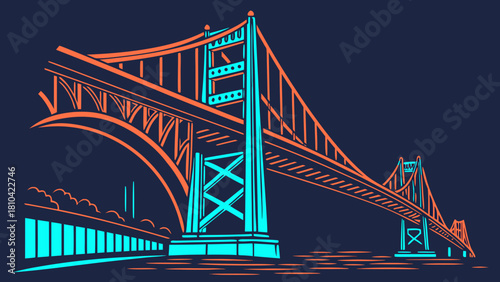 Neon City Bridge Illustration in Futuristic Cyberpunk Style