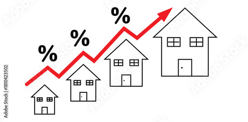 Vector illustration of a house icon with an upward percentage sign as a concept for property investment, business, house sale or purchase prices, interest rates, finance, graphs, rent, mortgages.