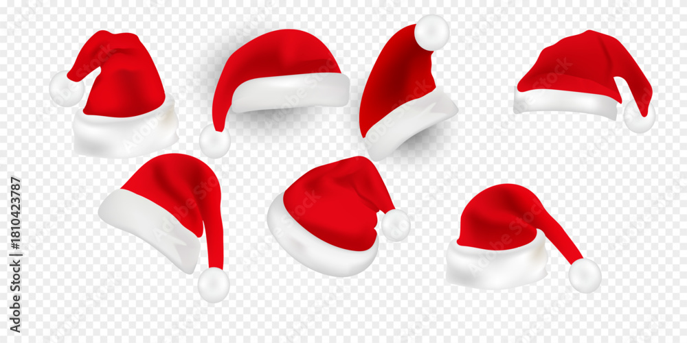 Fototapeta premium Big set of realistic Santa Hats isolated on transparent background.