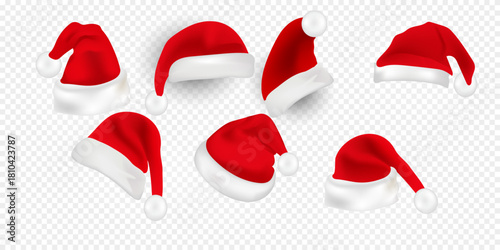 Big set of realistic Santa Hats isolated on transparent background.