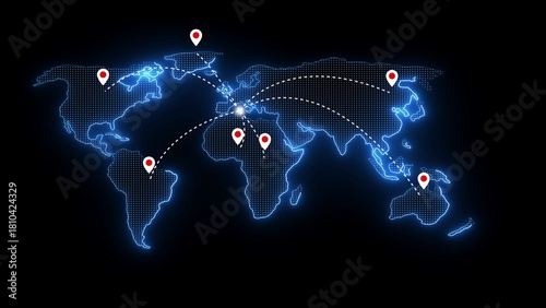 Glowing blue digital world map with red location pins and dotted lines connecting continents across globe