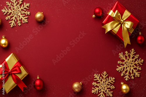 Fashion Christmas Banner with Shiny Ornaments and Glitter Snowflakes, Elegant Holiday Background, Glossy Gift Display, Wide 4K