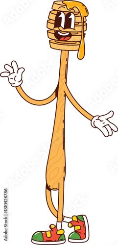 Cartoon groovy honey dipper spoon, funny character of sweet dessert, vector personage. Groovy honey spoon or dipper wand stick with honey drips and funky smile on happy face as retro groovy character