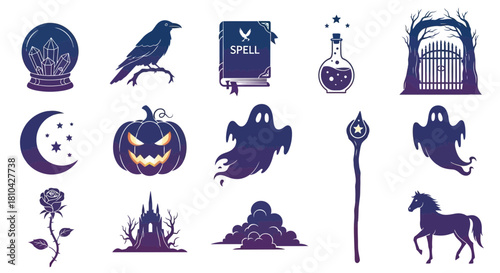 Mystical Halloween Set: An enchanting assortment of Halloween-themed elements come together, featuring classic symbols of the holiday's magical essence.