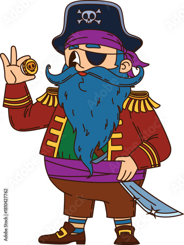 Pirate crew blue beard captain cartoon character. Cheerful pirate mascot, filibuster captain isolated vector personage. Corsair fighter character with long blue hair, holding piaster golden coin