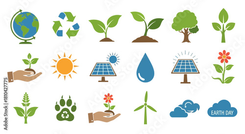 Environmental Symbols: A set of vivid, easily recognizable symbols representing key concepts in environmental conservation, renewable energy, and ecological balance.
