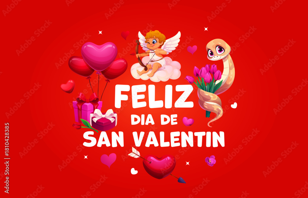 Fototapeta premium Feliz dia de San Valentin spanish quote with cartoon Cupid and snake characters. Valentine Day love holiday card vector typography with funny cherub aiming heart balloons and gifts with arrow