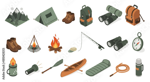 Camping Adventure Essentials: A curated collection of essential gear, from sturdy hiking boots to the cozy warmth of a campfire, perfectly embodies the spirit of exploration and outdoor living.