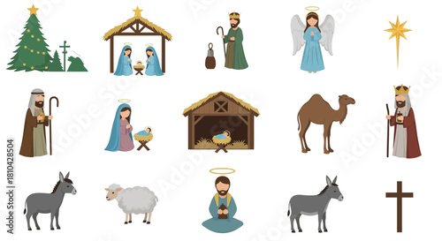 Christmas Nativity Scene: A vibrant Christmas nativity scene, showcasing a representation of the biblical story, with key figures gathered under a wooden stable.