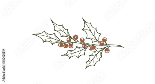 Serene Holly Branch Icon, Organic Line Art Style, Muted Forest Greens and Browns.svg