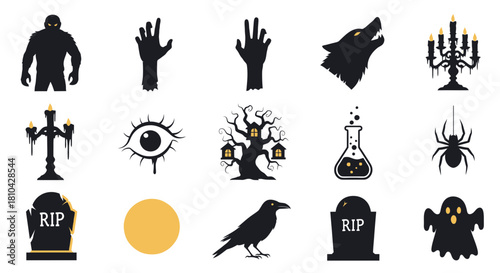 Halloween Icons: A collection of spooky Halloween icons, perfect for any eerie design needs, set against a mysterious background.