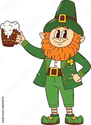 St Patrick day groovy leprechaun character with beer tankard. Cartoon Irish holiday personage. Isolated vector cheerful dwarf with red beard, retro green suit and top hat, merrily holds a frothy mug