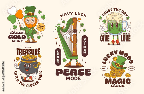 Funny St Patrick day groovy characters stickers and Irish holiday t shirt prints. Retro cartoon fun and festive vector leprechaun, gold coins, green beer, pot of gold, clovers, harp and playful quotes