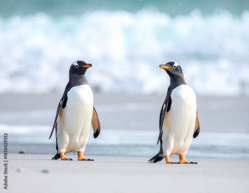 Obraz premium 해변에서 마주 선 두 펭귄의 자연스러운 순간 Two Penguins Standing Face to Face on the Beach