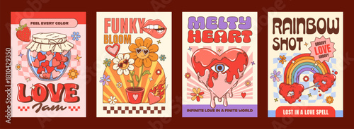 Love and Valentine day groovy hippie characters posters. Vector retro psychedelic cards with quirky jam jar, funky flowers with sunglasses, surreal melting heart with eye, rainbow pierced by an arrow