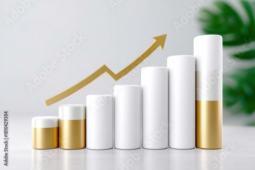 rendering of gold arrow climbing over bar chart, business growth and profit increase visualization 