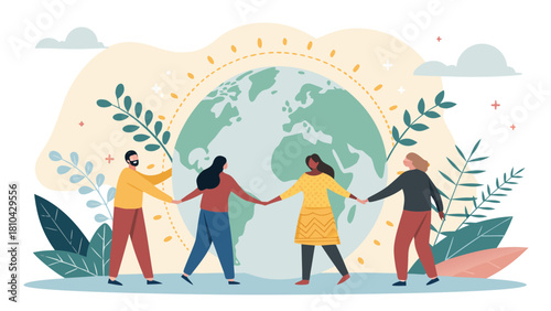 Global community teamwork and unity illustration for international cooperation and harmony concept