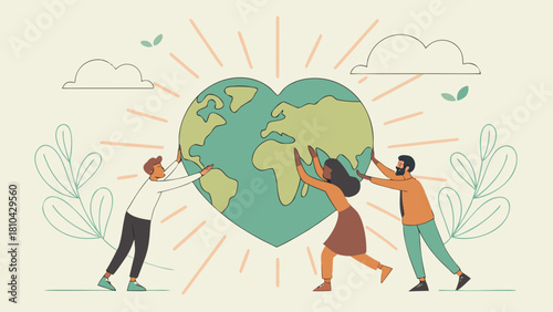Earth day save the planet concept people holding heart shaped globe together for environment and ecology 100