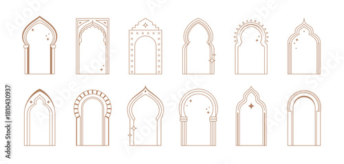Arabian boho frames, Islamic, Arabic and Moroccan gate doors and window shapes. Ramadan Muslim vector set of linear mosque interior elements. Arab arcs portals with stars and crescents for Eid Mubarak