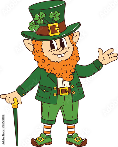 Cartoon retro groovy leprechaun character with green attire, top hat, walking cane and cheerful expression. Vector St Patrick Day holiday personage with arm outstretched, inviting positivity and charm
