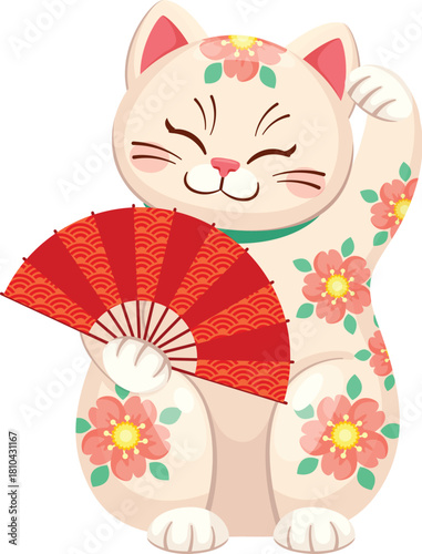 Maneki neko Japanese lucky cat with Chinese fan for luck and fortune symbol, cartoon vector. Maneki neko cat character with Chinese red fan with flowers decoration, happy smile and waving paw for luck