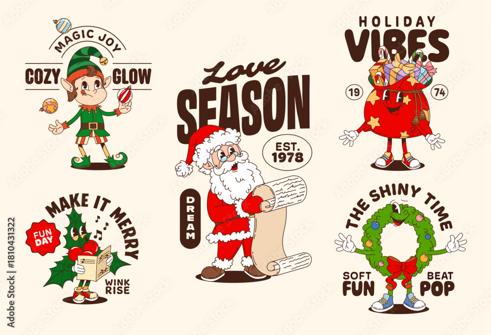 Naklejka premium Christmas funny groovy characters retro stickers and t shirt prints. Vector cute vintage Santa Claus, festive elf, gift bag, wreath and holly cartoon personages with holiday quotes and Xmas greetings