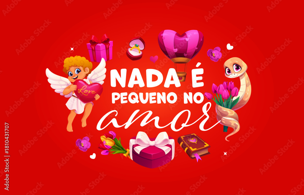 Obraz premium Nada e pequeno no amor Valentines day Spanish quote. Cartoon Valentines banner with angel, heart balloon, flowers, snake and gift box. Vector romantic characters on red background with love elements