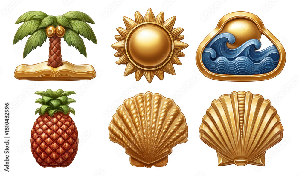 Naklejka premium Tropical Icons Collection with Gold Edged Enamel Illustrations for Design Projects