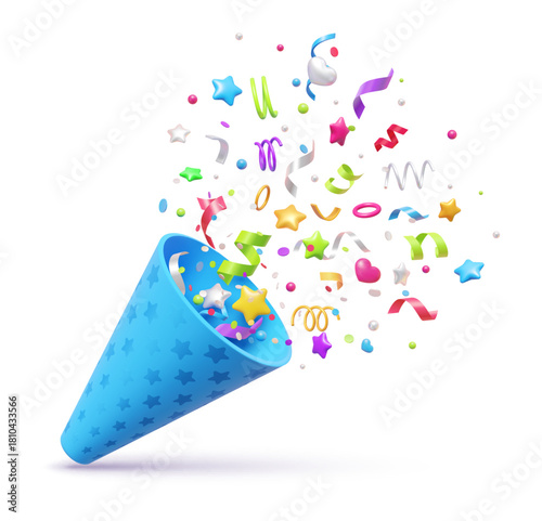 3d birthday party event popper with confetti, ribbons and stars. Firework carnival firecracker. Isolated vector surprise emoji, festive streamer for celebration events, parties or honoring winners