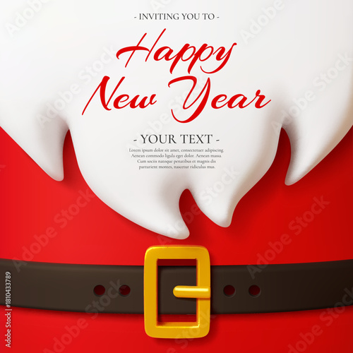 New year party flyer invitation with Santa costume, white beard, golden belt buckle and festive text. Cartoon 3d vector banner with red Noel suit, template for greeting message or celebration invite