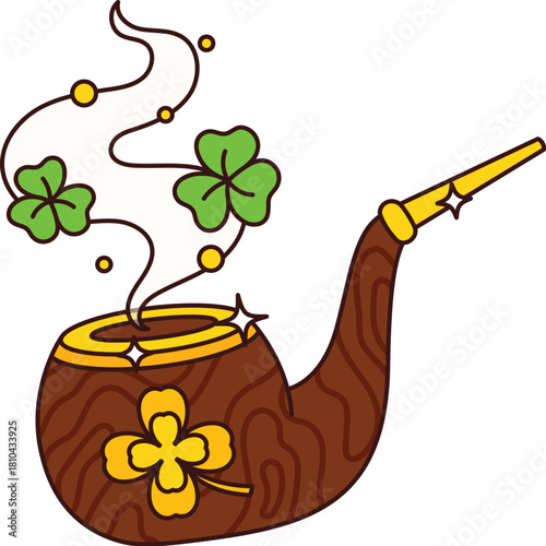 Cartoon St Patrick day groovy leprechaun smoking pipe, adorned with golden clover or shamrock leaves, wisps of enchanted smoke swirl with green shamrocks, weaving holiday tales of treasures and magic