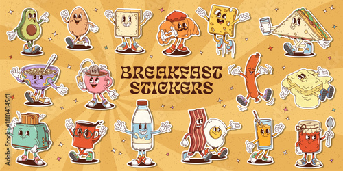 Retro cartoon groovy breakfast characters stickers pack. Vintage psychedelic food and drink personages. Funny groovy breakfast dishes, cheese toast, fried eggs and bacon, coffee, croissant, cereals