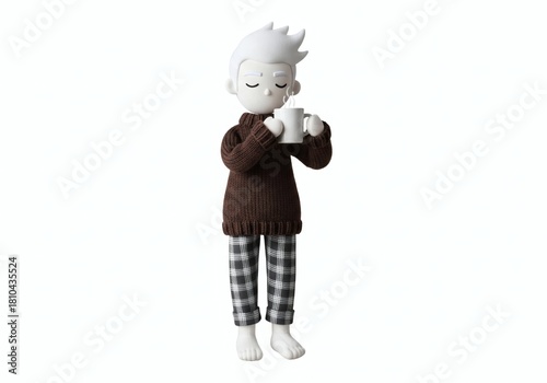 Stuffed doll of a man in pajamas and a sweater holding a steaming mug, symbolizing cozy comfort, relaxation, and warm beverage
